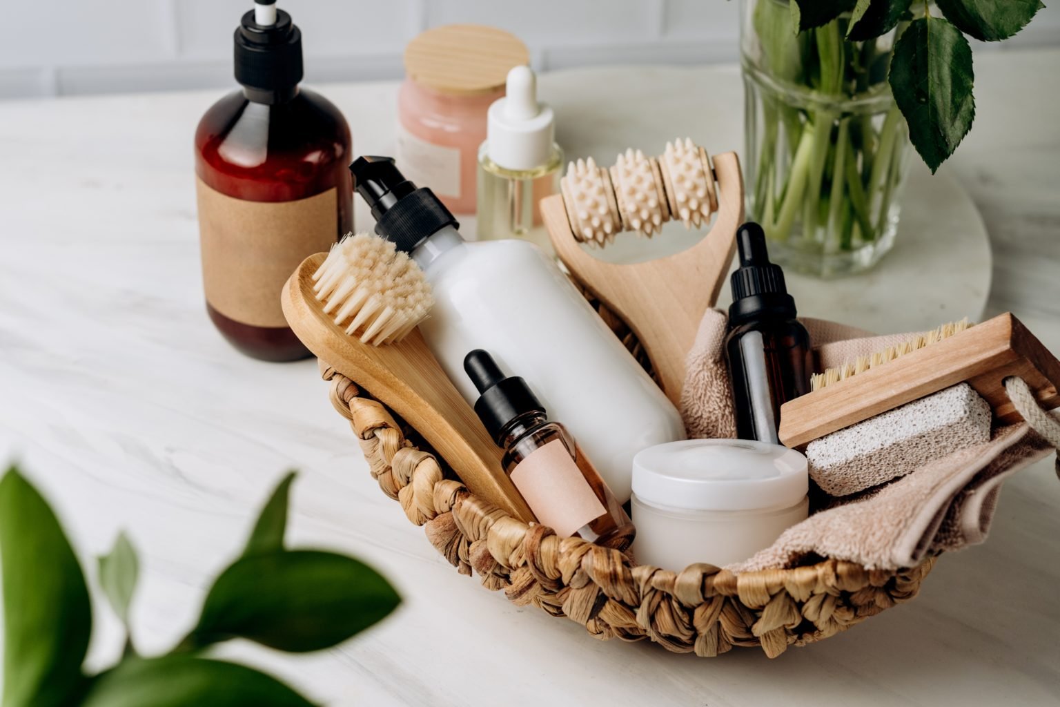 Bottles shampoo or shower gel Lotion, serum  or essential oil, cream, massage brushes for skincare, Body and face care beauty bath set,